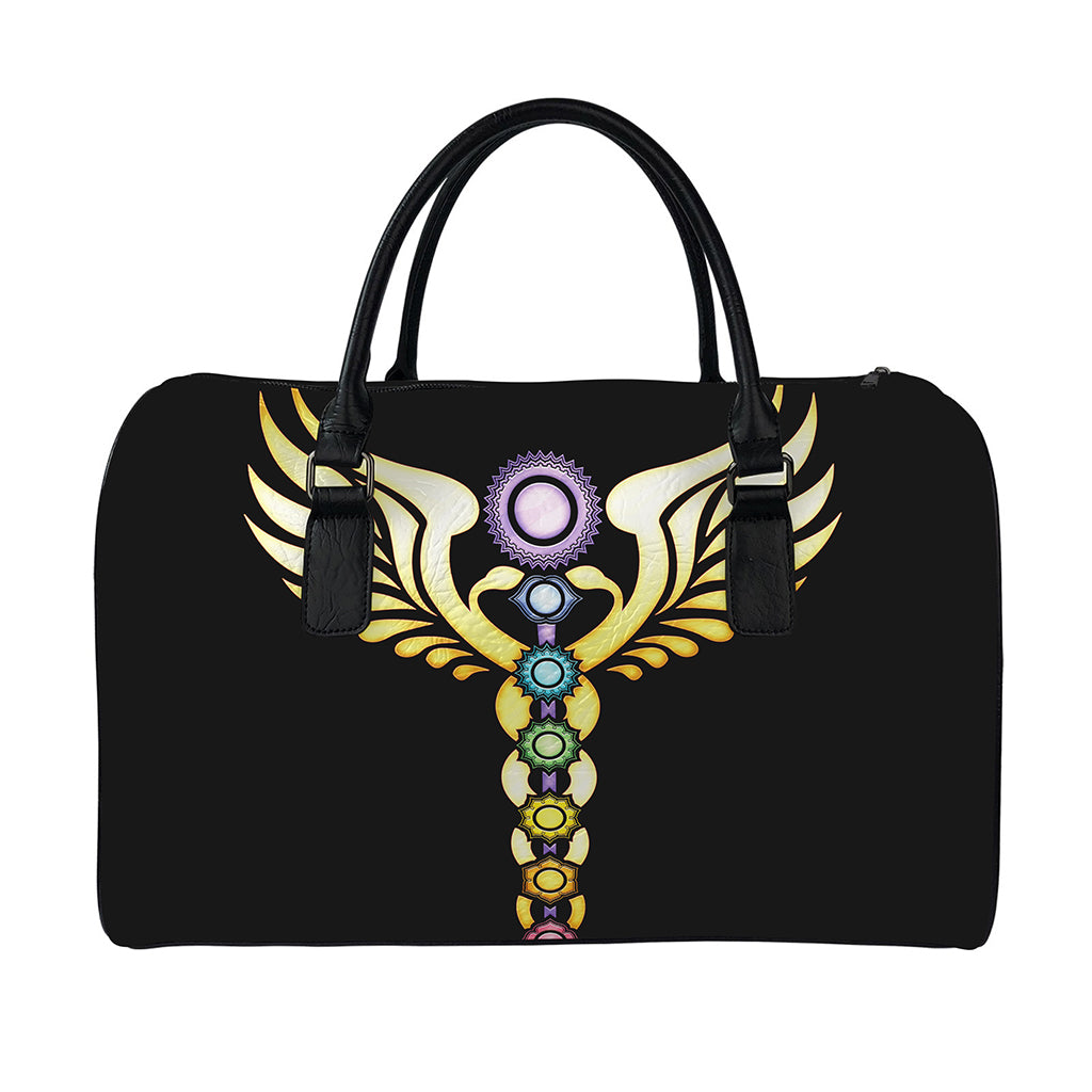 The Seven Chakras Caduceus Print Leather Duffle Bag