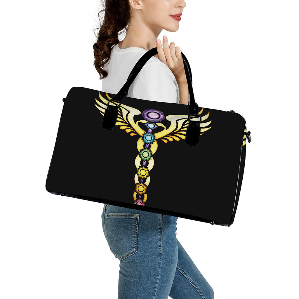 The Seven Chakras Caduceus Print Leather Duffle Bag