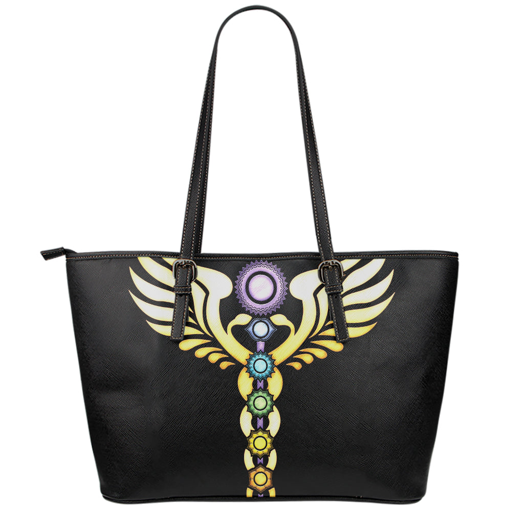 The Seven Chakras Caduceus Print Leather Tote Bag