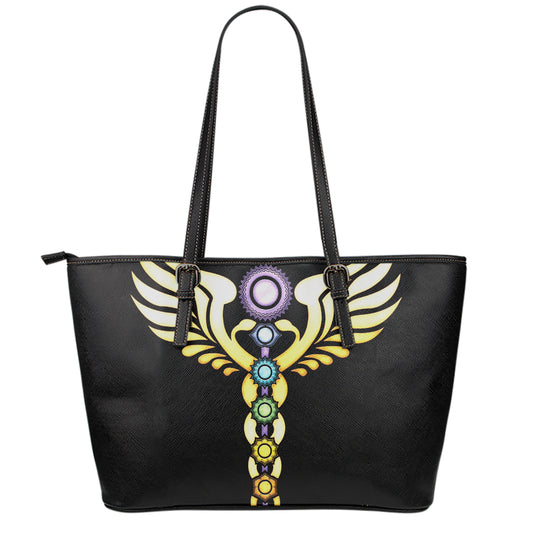 The Seven Chakras Caduceus Print Leather Tote Bag