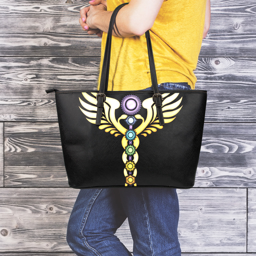 The Seven Chakras Caduceus Print Leather Tote Bag