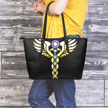 The Seven Chakras Caduceus Print Leather Tote Bag