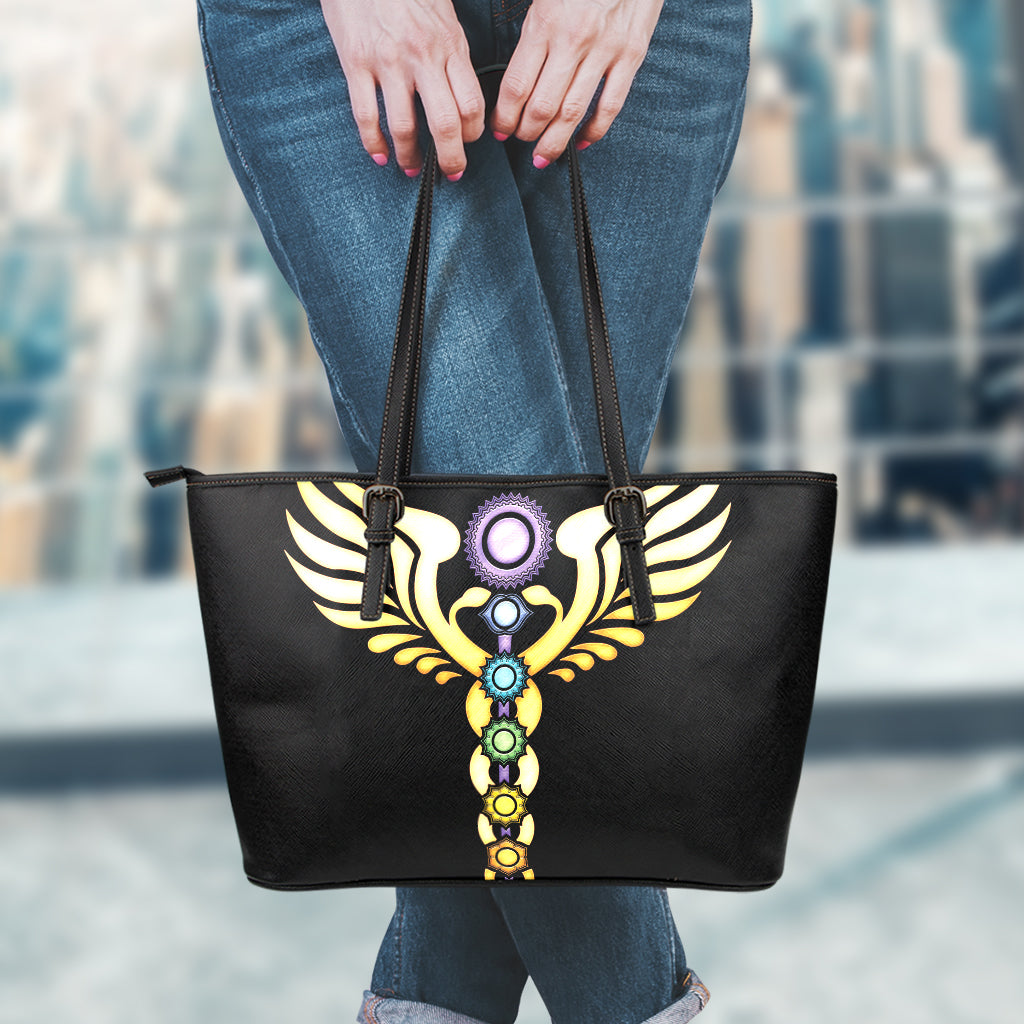 The Seven Chakras Caduceus Print Leather Tote Bag