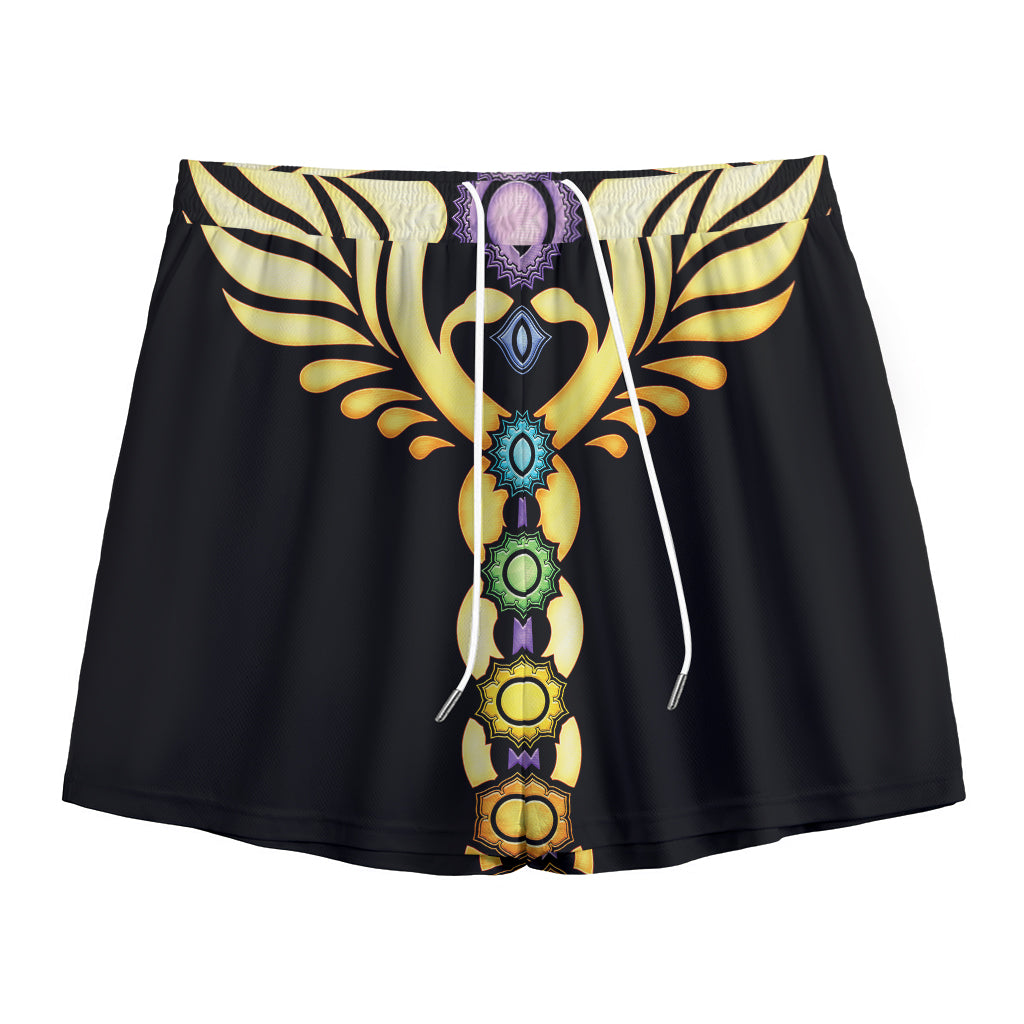 The Seven Chakras Caduceus Print Mesh Shorts