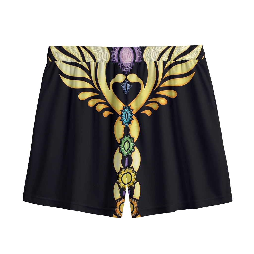 The Seven Chakras Caduceus Print Mesh Shorts