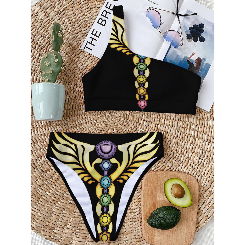 The Seven Chakras Caduceus Print One Shoulder Bikini Top