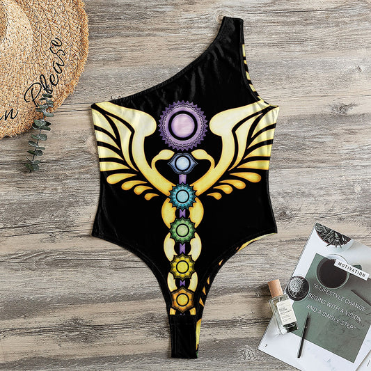 The Seven Chakras Caduceus Print One Shoulder Bodysuit