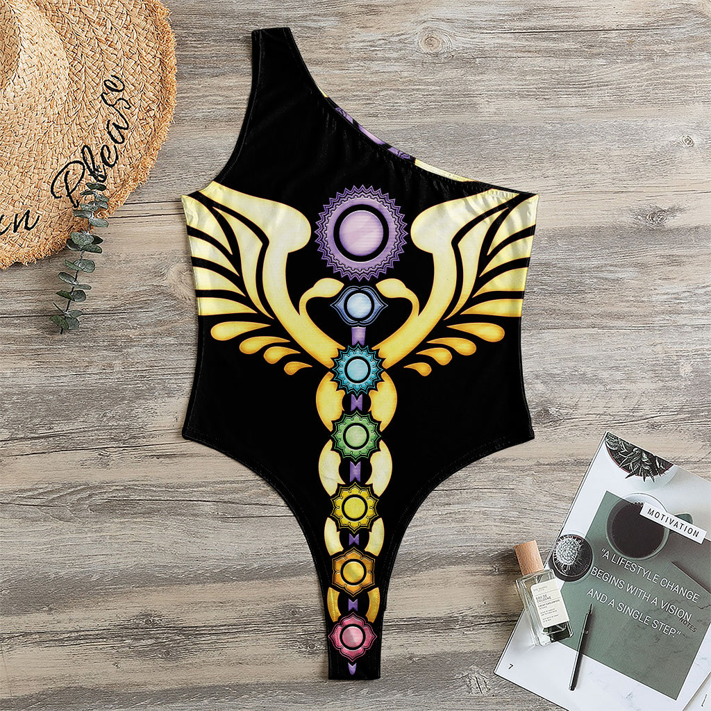 The Seven Chakras Caduceus Print One Shoulder Bodysuit