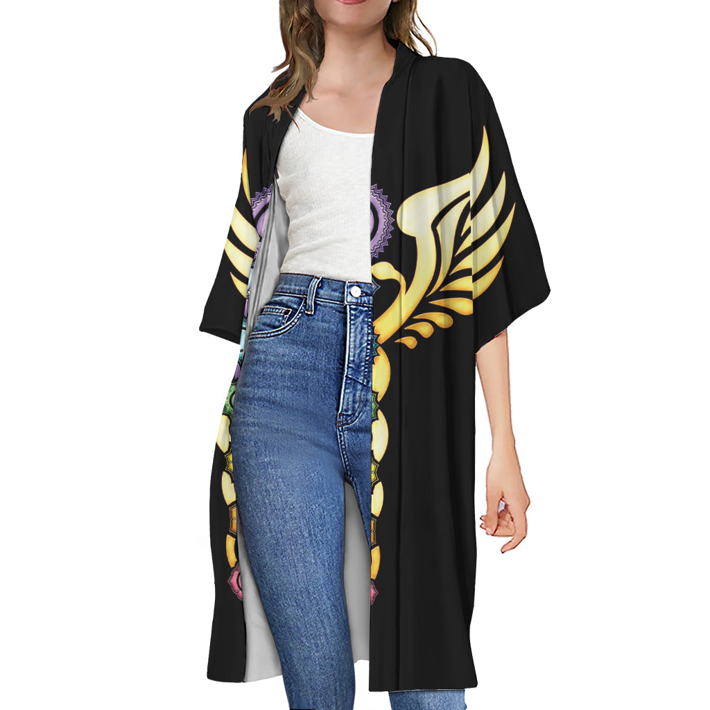 The Seven Chakras Caduceus Print Open Front Beach Cover Up
