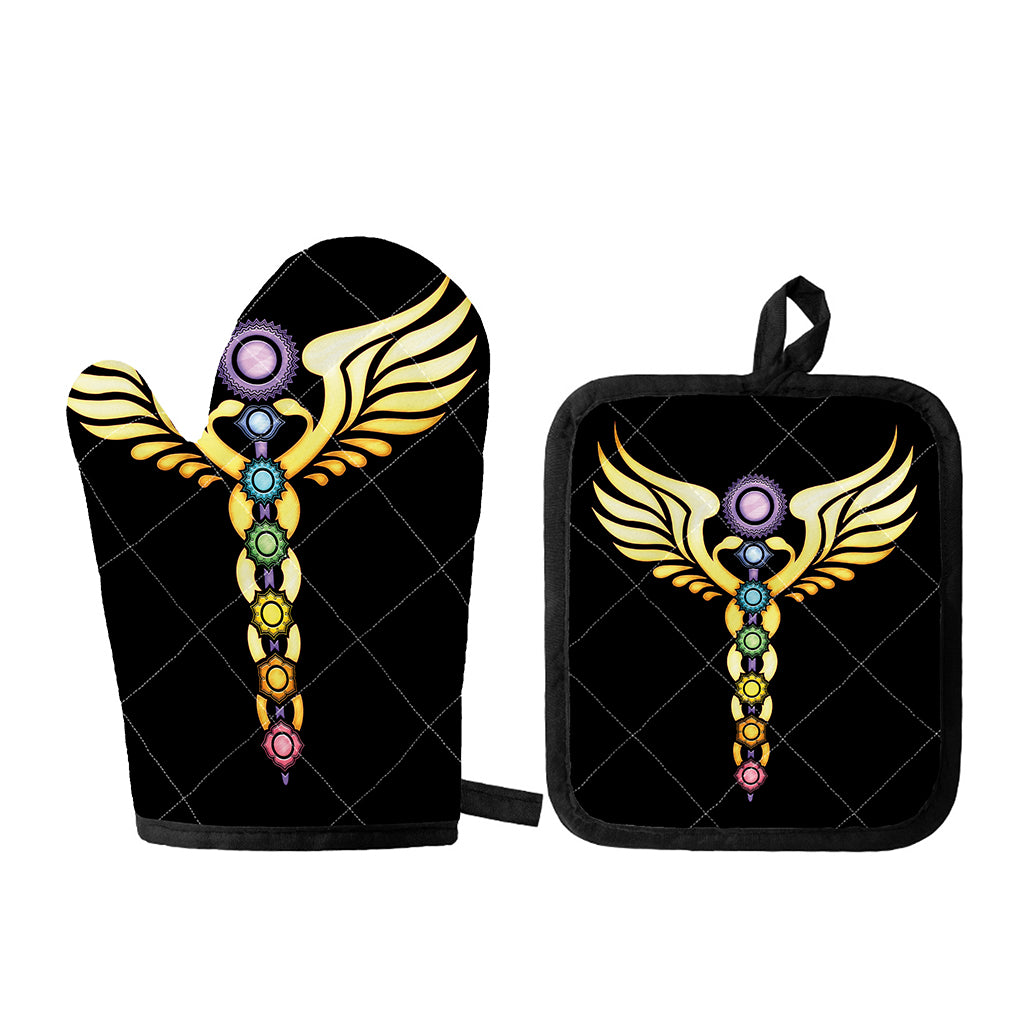 The Seven Chakras Caduceus Print Oven Mitt And Pot Holder Set