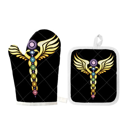 The Seven Chakras Caduceus Print Oven Mitt And Pot Holder Set