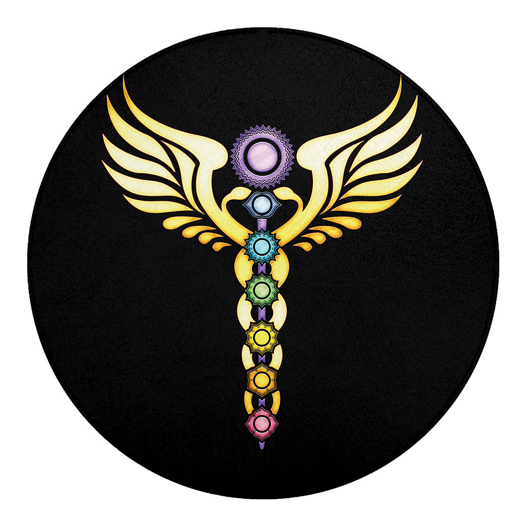 The Seven Chakras Caduceus Print Round Blanket