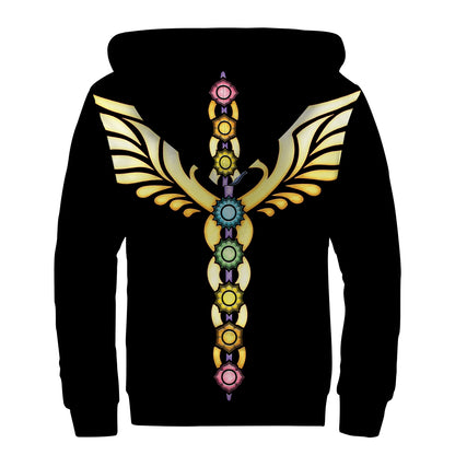 The Seven Chakras Caduceus Print Sherpa Lined Zip Up Hoodie