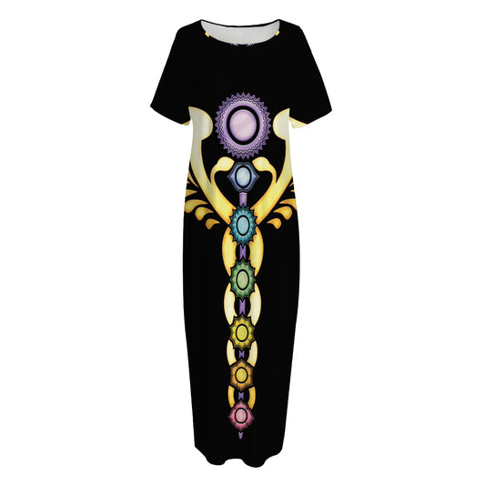 The Seven Chakras Caduceus Print Short Sleeve Long Nightdress