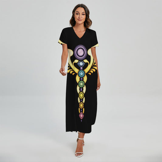 The Seven Chakras Caduceus Print Short Sleeve Maxi Dress