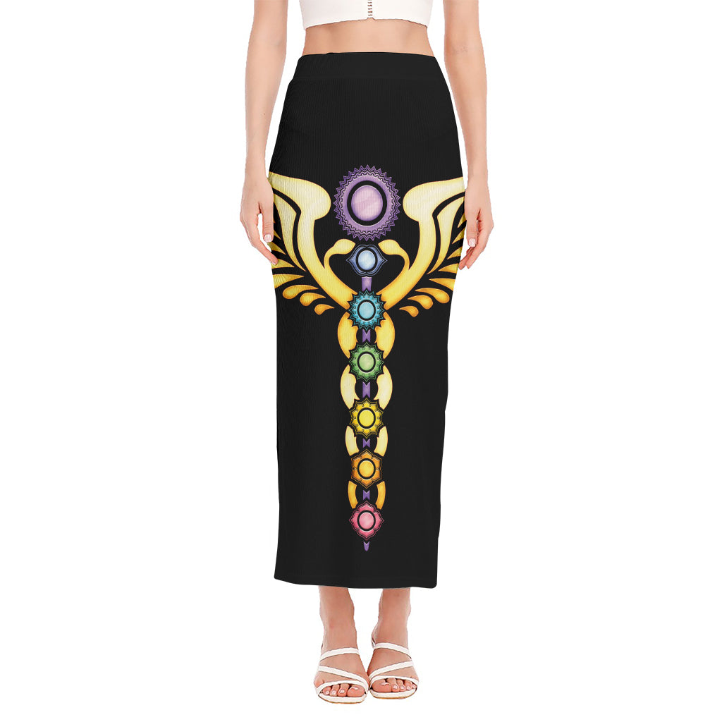 The Seven Chakras Caduceus Print Side Slit Maxi Skirt