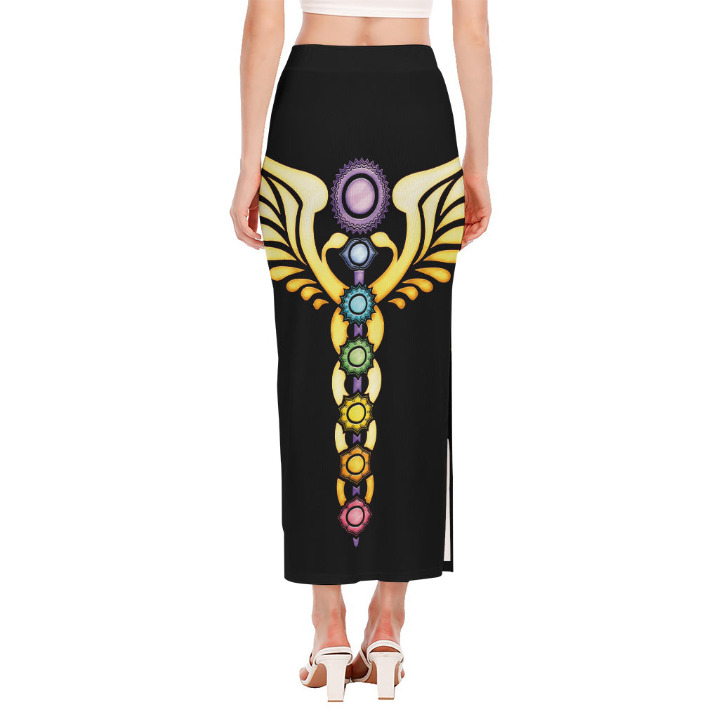 The Seven Chakras Caduceus Print Side Slit Maxi Skirt