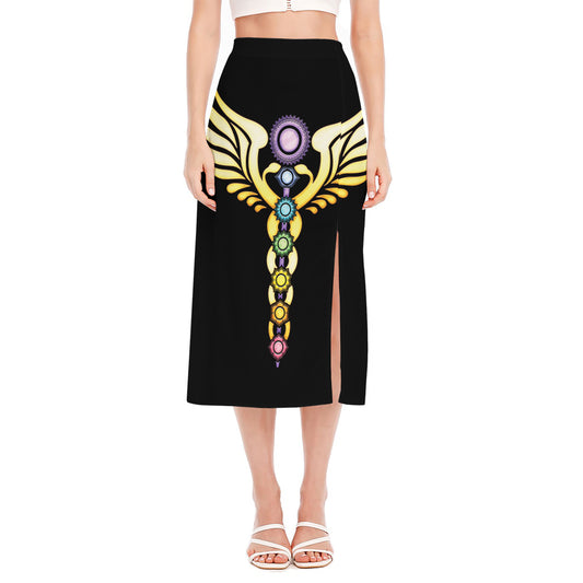 The Seven Chakras Caduceus Print Side Slit Midi Skirt