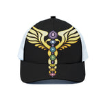 The Seven Chakras Caduceus Print White Mesh Trucker Cap