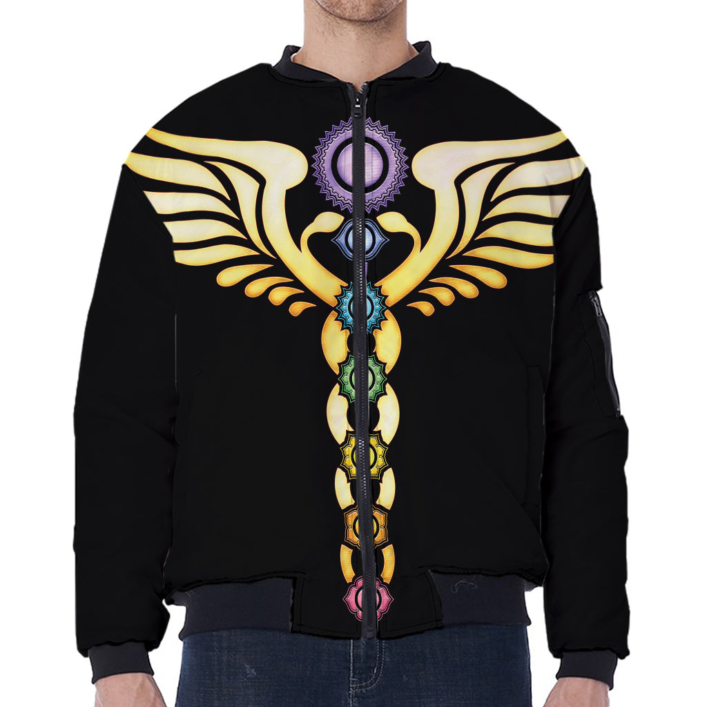 The Seven Chakras Caduceus Print Zip Sleeve Bomber Jacket
