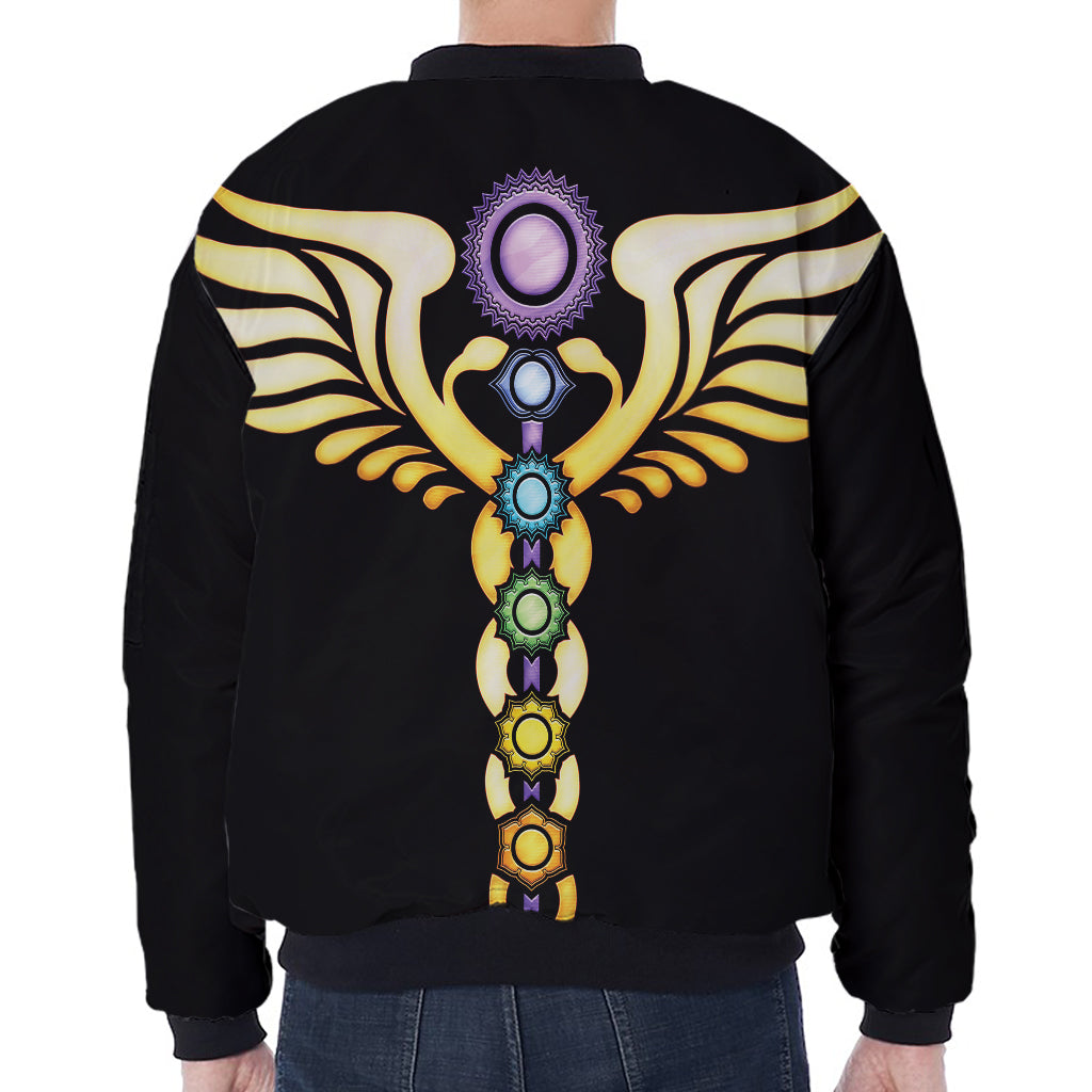 The Seven Chakras Caduceus Print Zip Sleeve Bomber Jacket