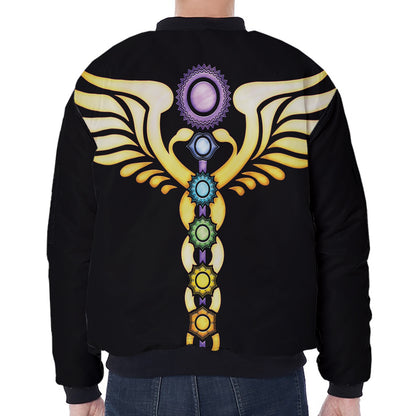 The Seven Chakras Caduceus Print Zip Sleeve Bomber Jacket