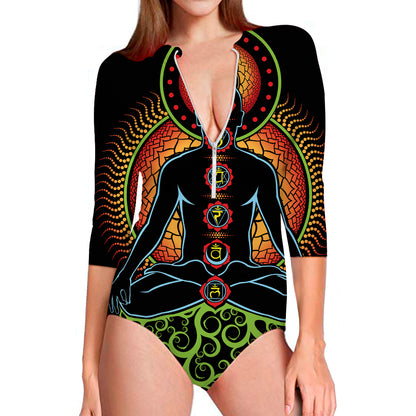 The Seven Chakras Print Long Sleeve Swimsuit