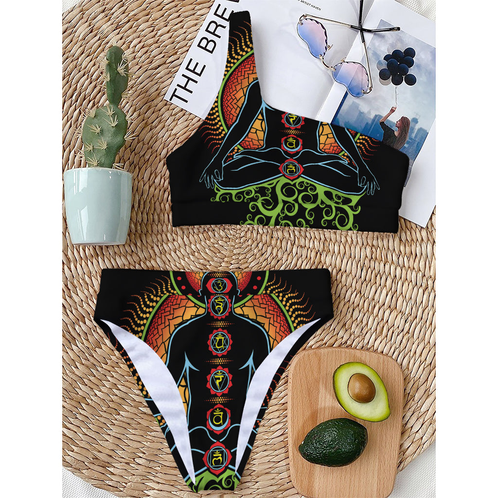 The Seven Chakras Print One Shoulder Bikini Top