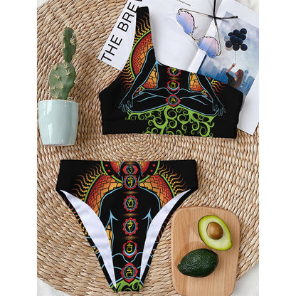 The Seven Chakras Print One Shoulder Bikini Top