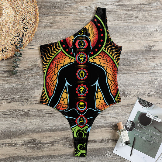 The Seven Chakras Print One Shoulder Bodysuit