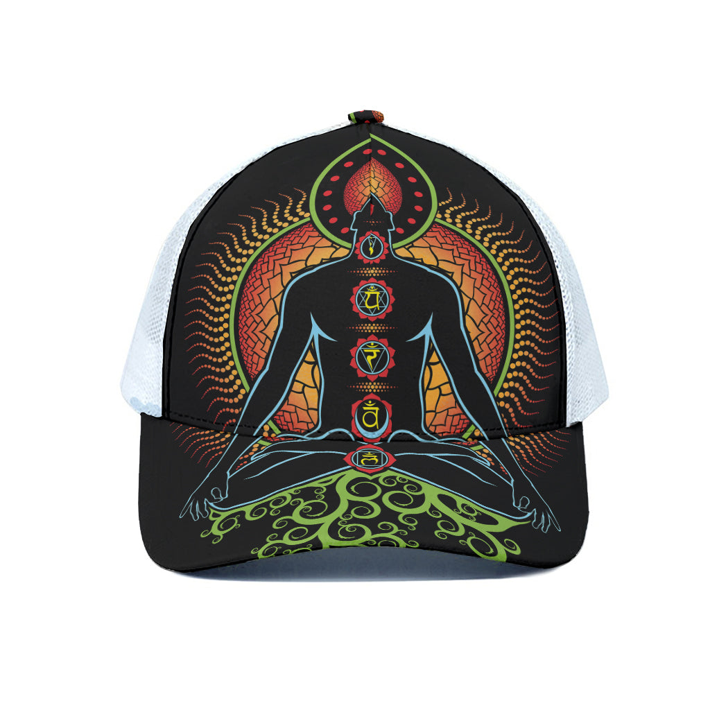 The Seven Chakras Print White Mesh Trucker Cap