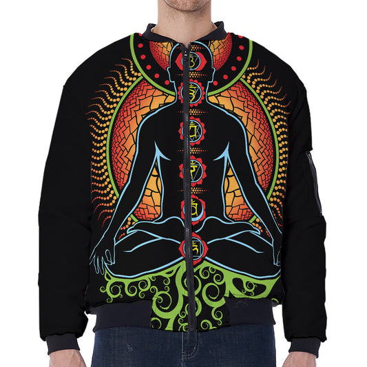 The Seven Chakras Print Zip Sleeve Bomber Jacket