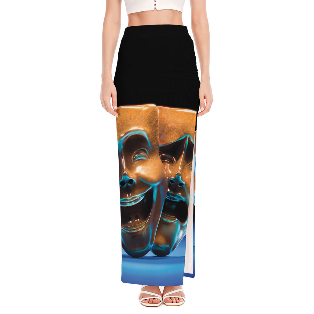 The Sock And Buskin Theatre Masks Print High Slit Maxi Skirt