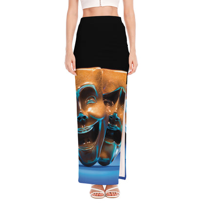 The Sock And Buskin Theatre Masks Print High Slit Maxi Skirt