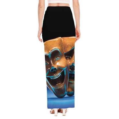 The Sock And Buskin Theatre Masks Print High Slit Maxi Skirt