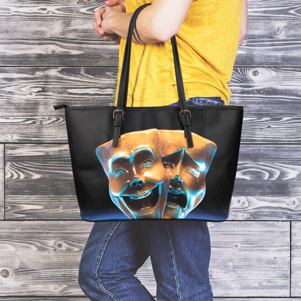 The Sock And Buskin Theatre Masks Print Leather Tote Bag