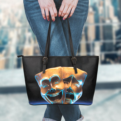 The Sock And Buskin Theatre Masks Print Leather Tote Bag