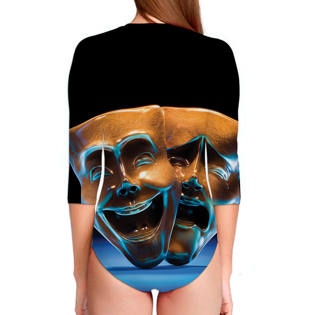 The Sock And Buskin Theatre Masks Print Long Sleeve Swimsuit