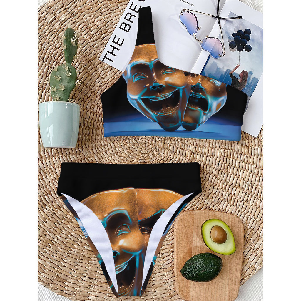 The Sock And Buskin Theatre Masks Print One Shoulder Bikini Top