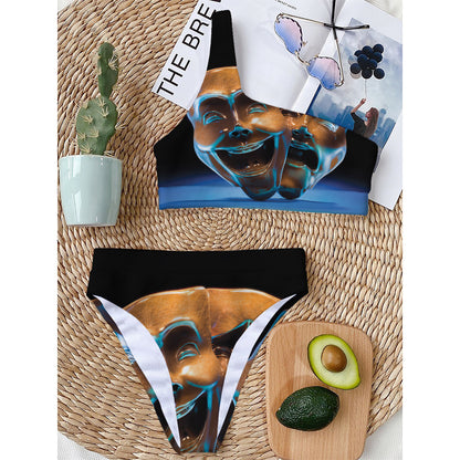 The Sock And Buskin Theatre Masks Print One Shoulder Bikini Top