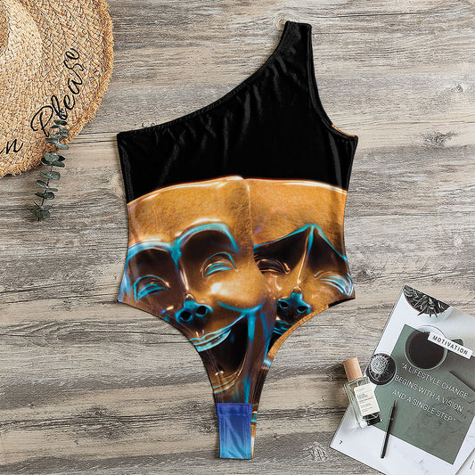 The Sock And Buskin Theatre Masks Print One Shoulder Bodysuit