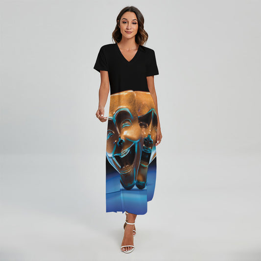 The Sock And Buskin Theatre Masks Print Short Sleeve Maxi Dress