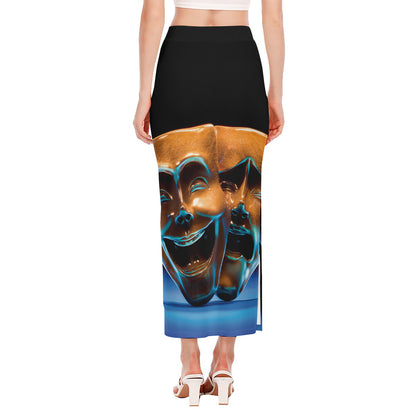The Sock And Buskin Theatre Masks Print Side Slit Maxi Skirt