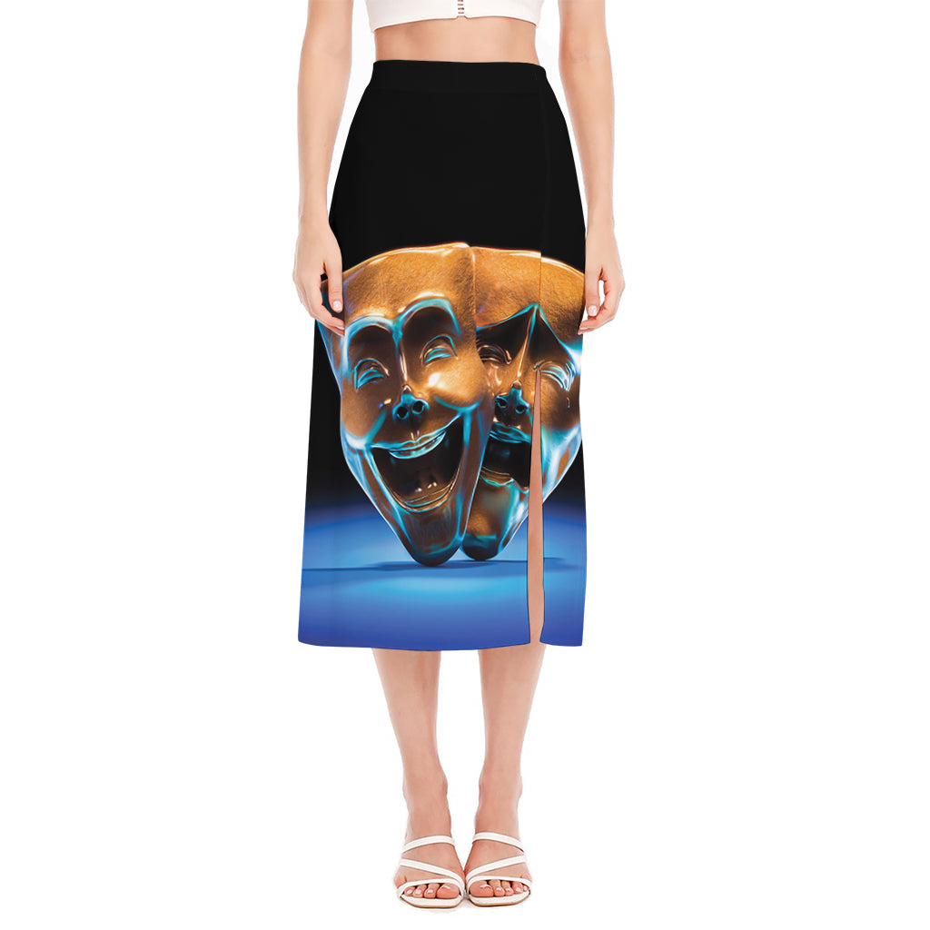 The Sock And Buskin Theatre Masks Print Side Slit Midi Skirt