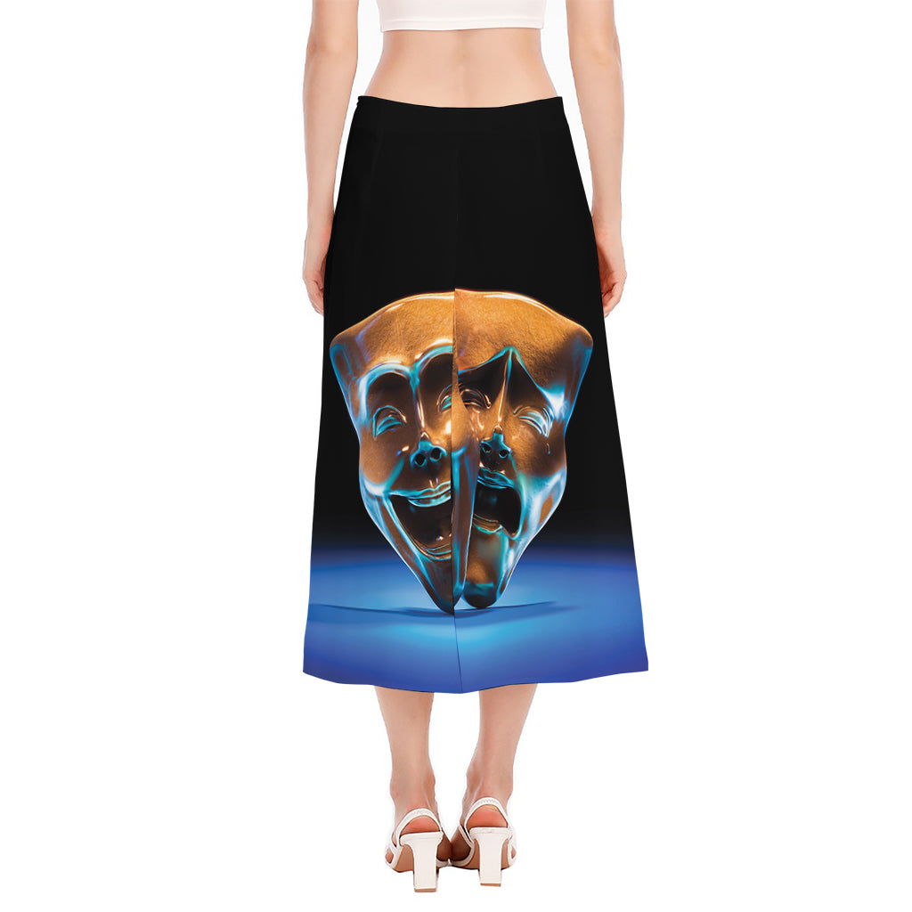 The Sock And Buskin Theatre Masks Print Side Slit Midi Skirt