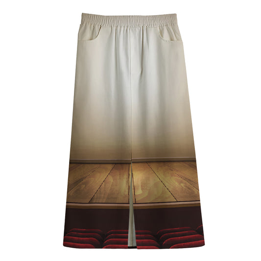 Theater Stage Print Cotton Front Slit Maxi Skirt