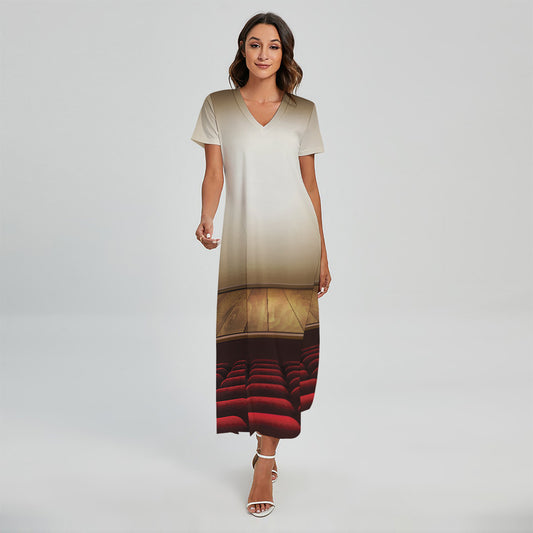Theater Stage Print Short Sleeve Maxi Dress