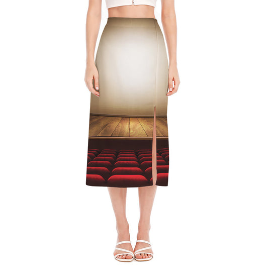 Theater Stage Print Side Slit Midi Skirt