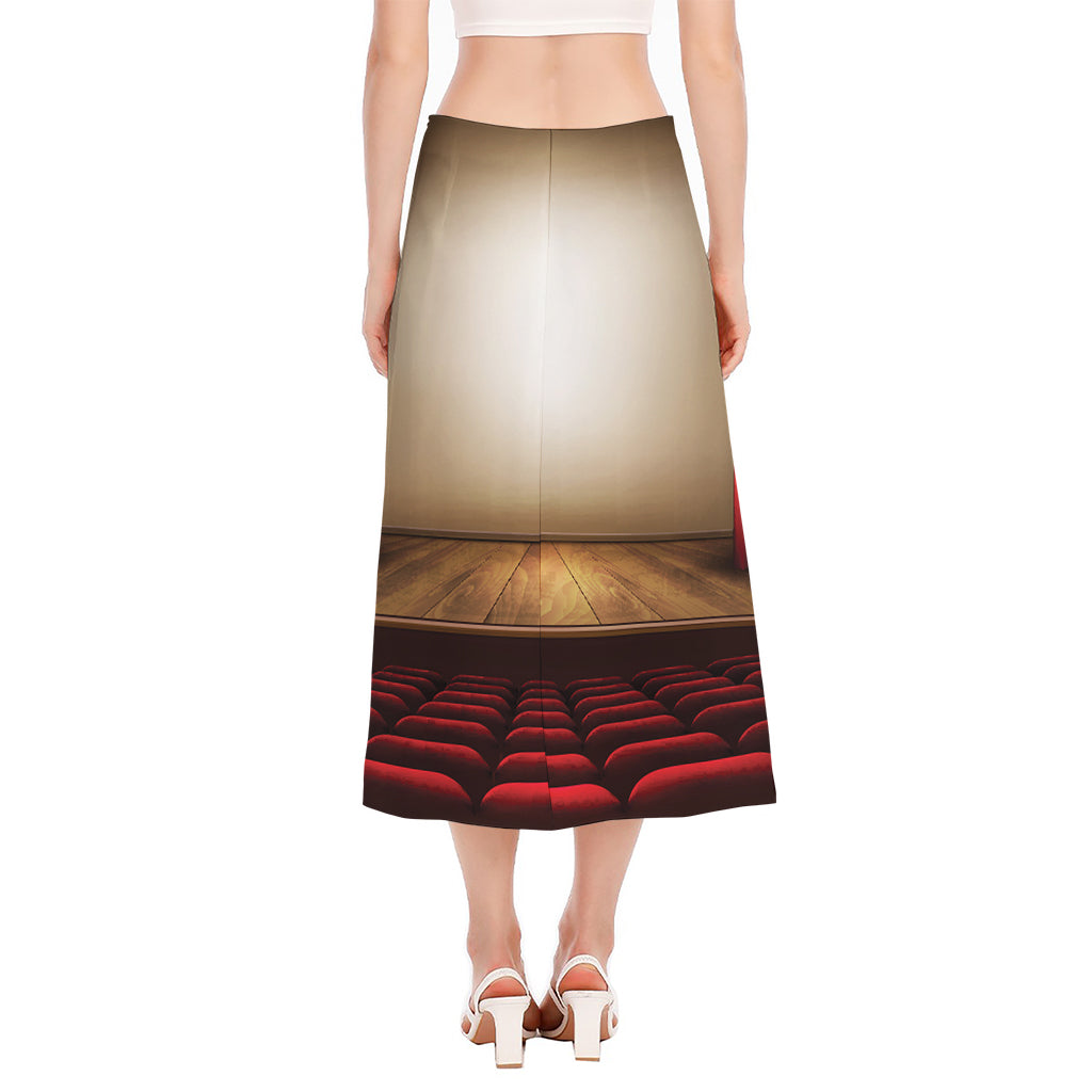 Theater Stage Print Side Slit Midi Skirt