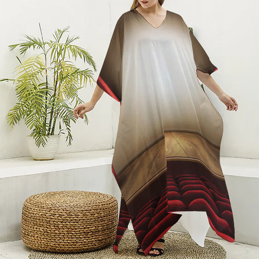 Theater Stage Print Silk V-Neck Kaftan Dress